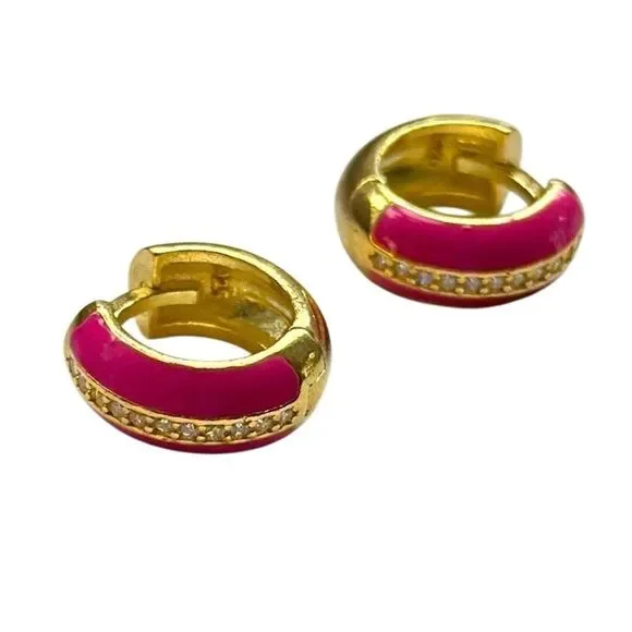 Gabi Rielle Pink Enamel & CZ Mini Hoops – 14k Gold Over Silver Huggies Gift - Picture 3 of 7